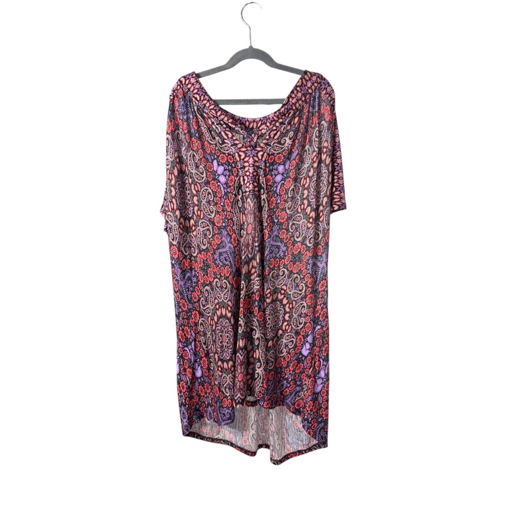 Democracy Boho Tunic Top Paisley Floral Print Short Sleeve‎ Womens 3X Plus Size